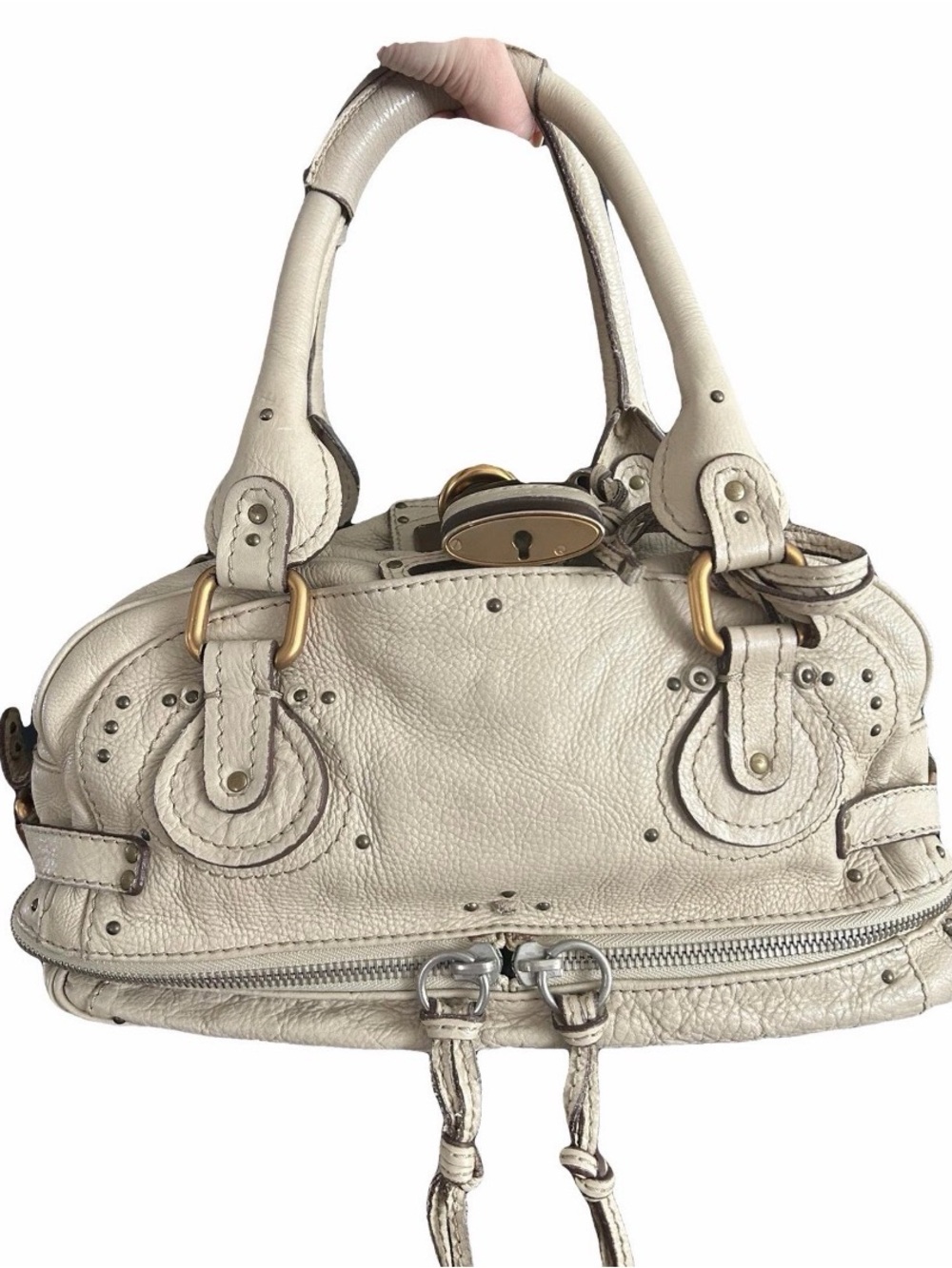 Vintage Chloe Paddington Zip Leather Handbag in Cream with Lock and Key